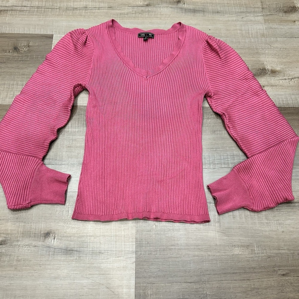 Pink V Neck Puffy Long Sleeved Women's Fitted Ribbed Sweater Coquette Fairy MED